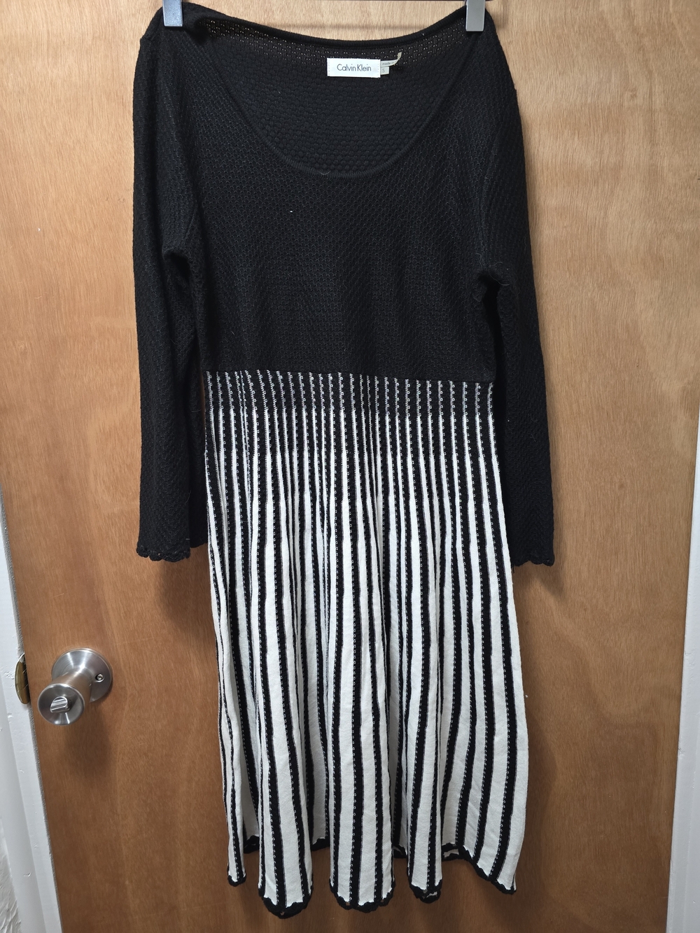 Calvin Klein Black & White Sweater Dress Size S Striped Knit Frills